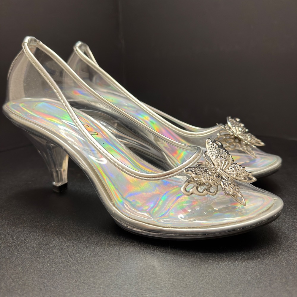 Ellie Shoes Clear Iridescent Butterfly Kitten Heels Silver Glass Slipper Size 9